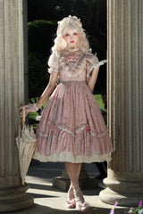 [Daydream Rose] Short Sleeves Floral Jacquard Print Ruffle Embroidery Bowknot Sweet Lolita Dress 3 Colors - Pink - 1