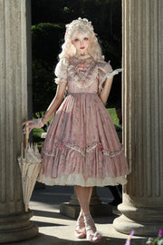 Daydream Rose Short Sleeves Floral Jacquard Print Ruffle Embroidery Bowknot Sweet (Dress Only) front view