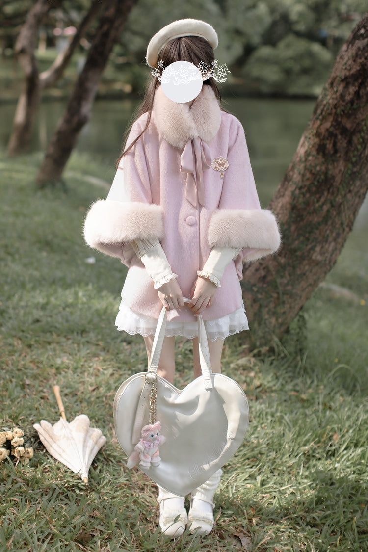 Pink Long Sleeves Lace Sweet Japanese Lolita Fluffy Cloak Coat - Product - 2