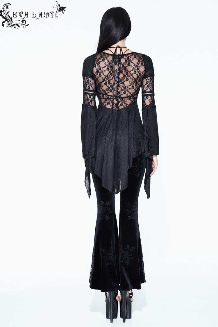Black Perspective Mesh-yarn Long-sleeve Lace Front Short And Back Long Women's Gothic Blouse - Product - 4