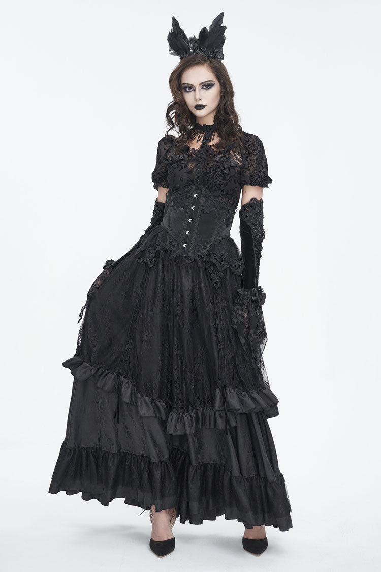 Black Ruffle Lace Drawstring Women's Gothic Skirt - Product - 2