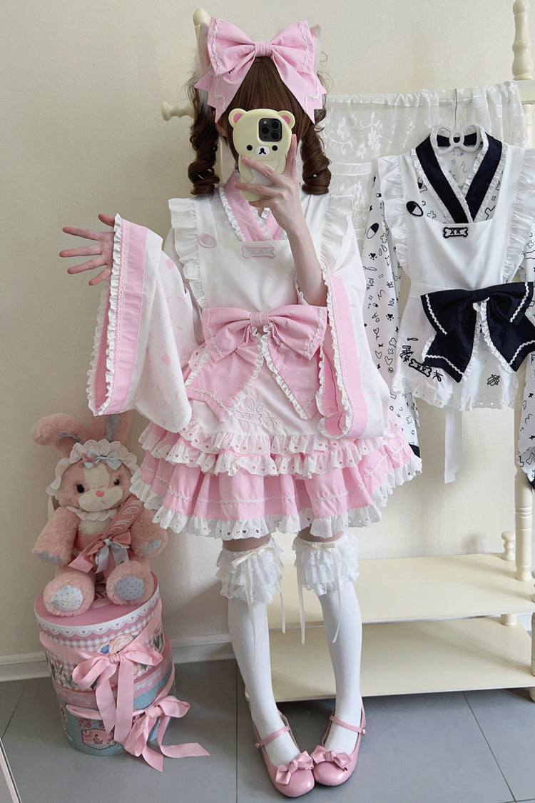 Pink/White Double-Layered Ruffle Bowknot Maid Sweet Lolita Skirt Set - Product - 3