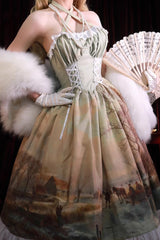 Village Print Ruffle Lace Off Shoulder Elegant Princess Sweet Lolita Jsk Dress 2 Colors - Product - 7