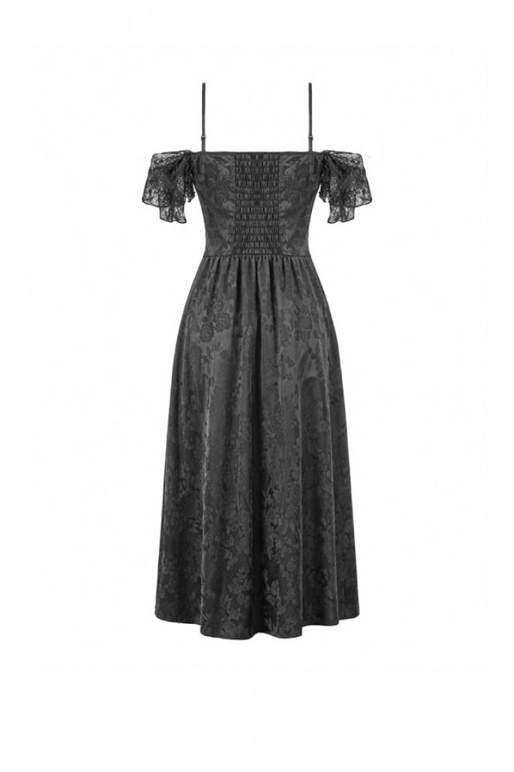Black Off Shoulder Lace Flutter Sleeves Jacquard Side Corset Lace-Up Women's Gothic Slip Dress - Product - 16