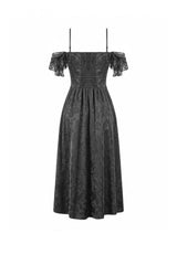 Black Off Shoulder Lace Flutter Sleeves Jacquard Side Corset Lace-Up Women's Gothic Slip Dress - Product - 16