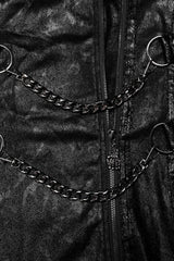 Black Stand Collar Print Asymmetric Metal Chain Zip Mens Steampunk Coat - Product - 8