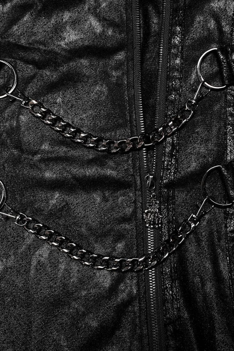 Black Stand Collar Print Asymmetric Metal Chain Zip Mens Steampunk Coat - Product - 8