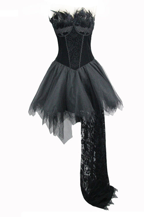 Black Gothic Wedding Strapless Feathered Sexy Velveteen Womens Dress With Rose Lace Tail - Product - 5