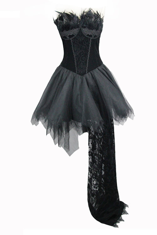Black Gothic Wedding Strapless Feathered Sexy Velveteen Womens Dress With Rose Lace Tail - Product - 5