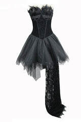 Black Gothic Wedding Strapless Feathered Sexy Velveteen Womens Dress With Rose Lace Tail - Product - 5