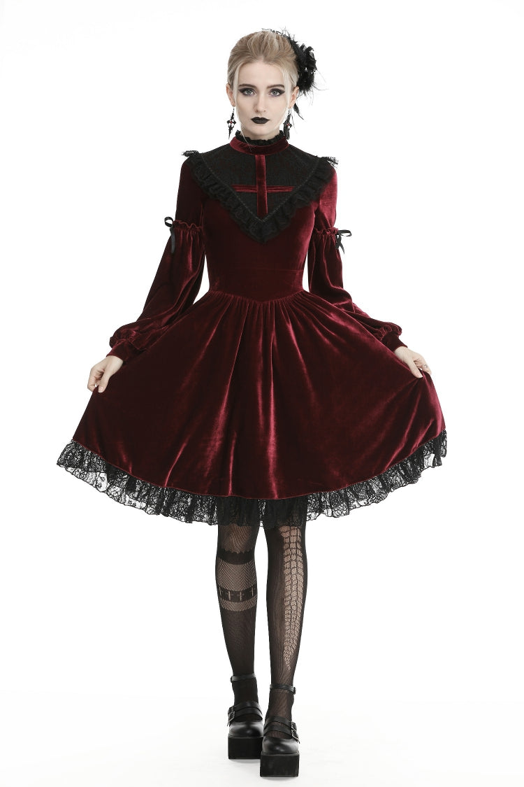 Red Vintage Long Sleeves Lace Collar Cross Women's Gothic Velet Dress - Red - 1