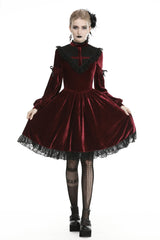 Red Vintage Long Sleeves Lace Collar Cross Women's Gothic Velet Dress - Red - 1