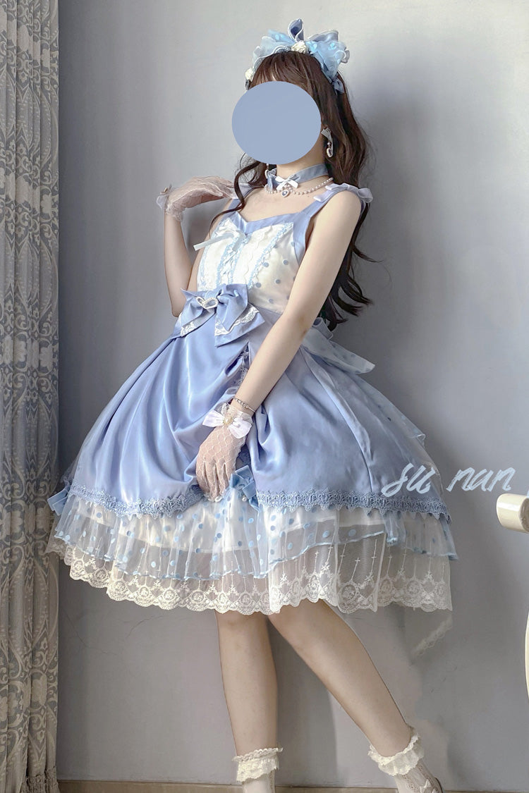 Blue Polka Waltz Sleeveless Print Bowknot Stitching Lace Sweet (Dress Only) detail view 2