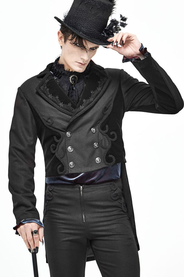 Black Retro Velveteen Front Floral Webbing Metal Button Weft Swallowtail Men's Gothic Coat - Product - 5