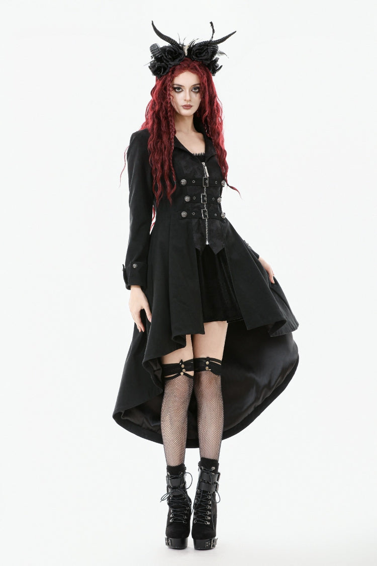 Black Lapel Collar Long Sleeves Lace-Up Irregular Bouble-breasted Buckle-up Women's Gothic Coat - Product - 6