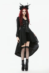Black Lapel Collar Long Sleeves Lace-Up Irregular Bouble-breasted Buckle-up Women's Gothic Coat - Product - 6
