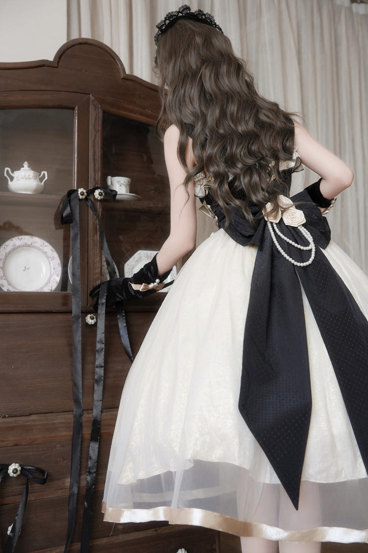 Black/White [Paris Souvenir] Sleeveless Ruffled Bow Lace-Up Fishbone Pearl-Decorated Classic Elegant Lolita Jsk Dress - Product - 10