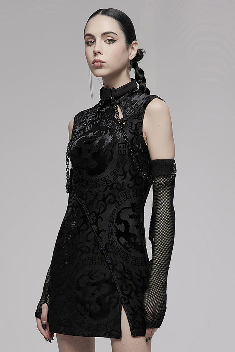 Black Chinese Style Stretch Velvet Burning Flower Dragon Totem Pattern Decoration Small Slit Hem Sleeveless Women's Gothic Dress - Product - 2