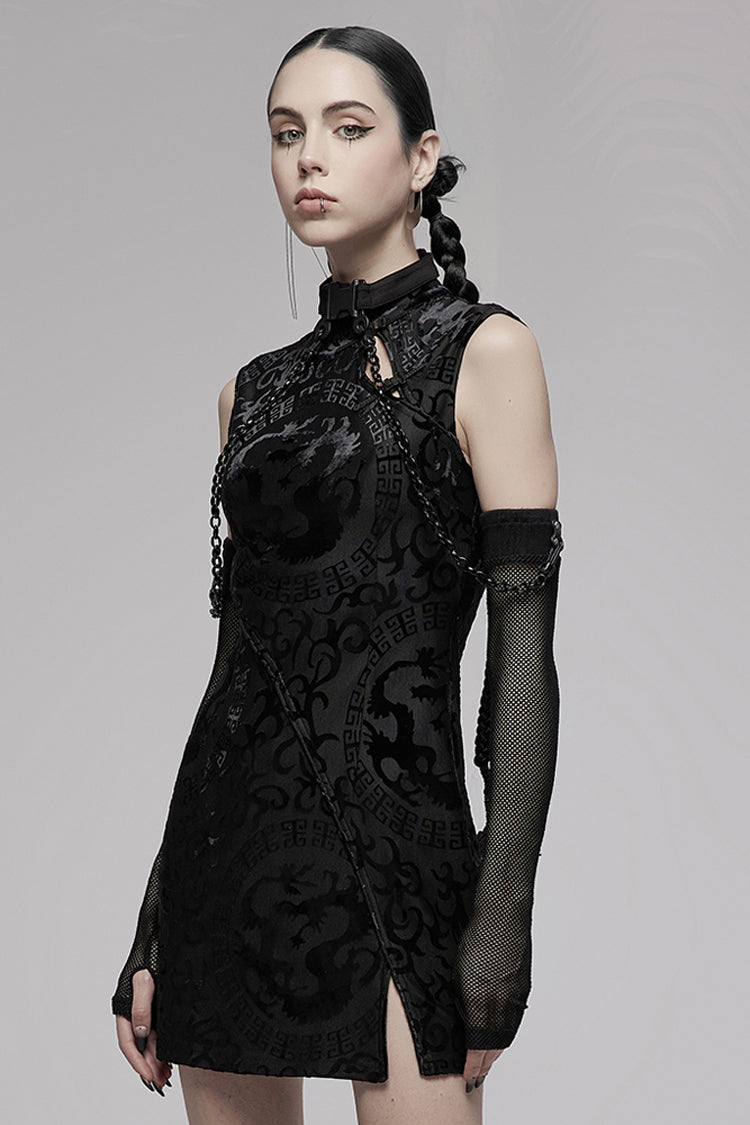 Black Chinese Style Stretch Velvet Burning Flower Dragon Totem Pattern Decoration Small Slit Hem Sleeveless Women's Gothic Dress - Product - 2