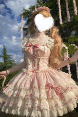 Pink [Flory Butterfly] Double-Layered Ruffle Bowknot Lace Lace-Up Sweet Ballet Lolita Jsk Dress - Product - 6
