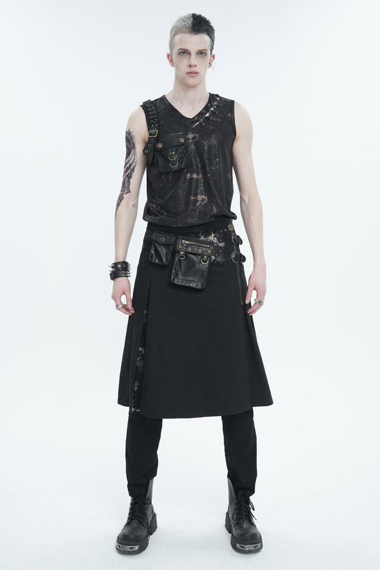 Black Personalized Print Big Pocket Buckle Men's Punk Tank Top - Product - 3