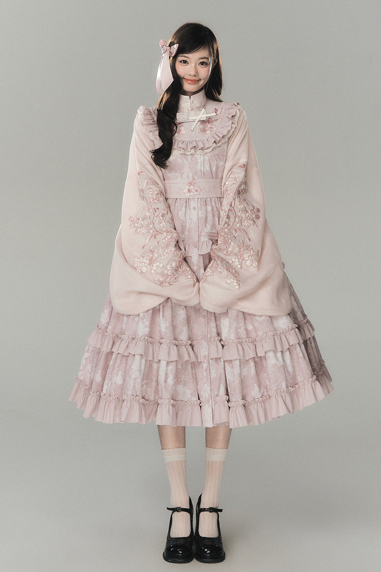 Pink [Sacred Heart Lily] Round Collar Sleeveless Multi-Layered Printed Ruffled Embroidered Sweet Chinese Inspired Lolita Jumper Dress - Product - 8