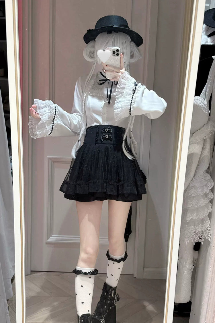 Black/White [Moonlit Butterfly] Lapel Collar Long Trumpet Sleeves Ruffled Bow Lace Jirai Kei Japanese Skirt Set - Product - 2