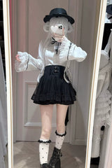 Black/White [Moonlit Butterfly] Lapel Collar Long Trumpet Sleeves Ruffled Bow Lace Jirai Kei Japanese Skirt Set - Product - 2