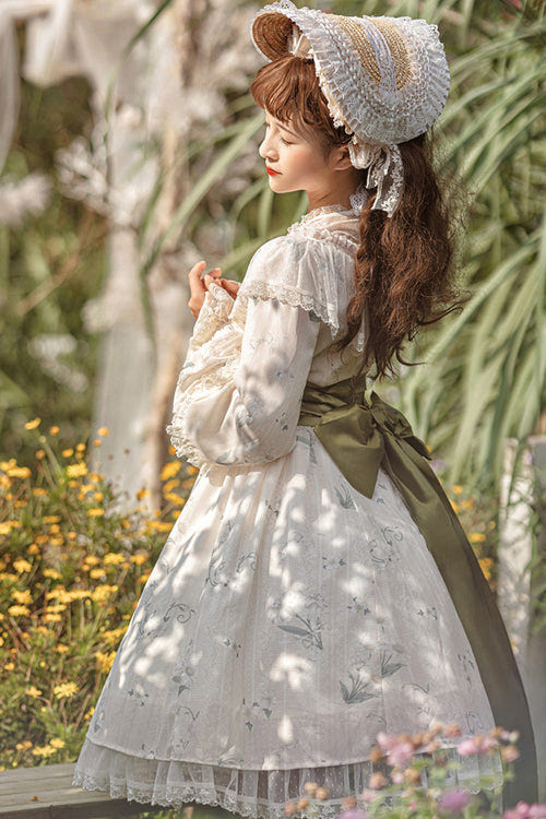 Beige Lace Round Collar Ruffled Lantern Sleeves Fresh Floral Print Sweet Lolita OP Dress - Product - 6