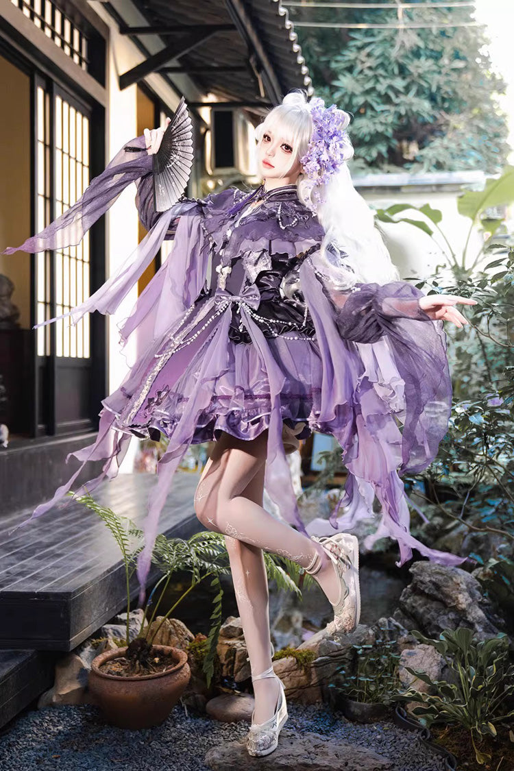 Purple Stand Collar Embroidered Pearl-Decorated Gothic Lolita Jsk Dress Set - Product - 7