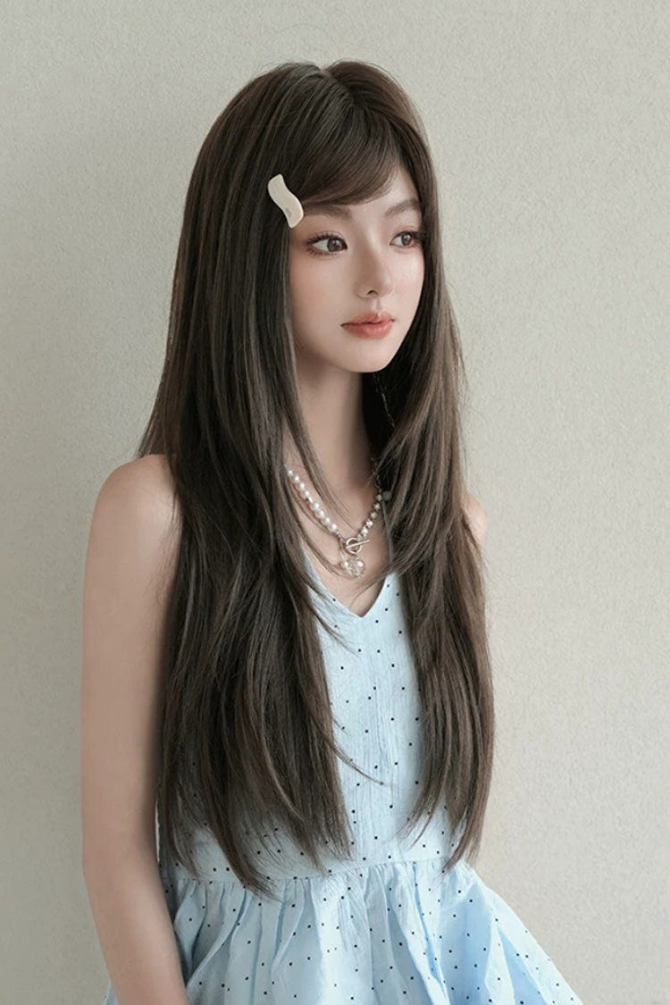 Cool Brown Natural Fluffy Long Layered Straight Sweet Lolita Wig with Air Bangs - Product - 2