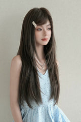 Cool Brown Natural Fluffy Long Layered Straight Sweet Lolita Wig with Air Bangs - Product - 2