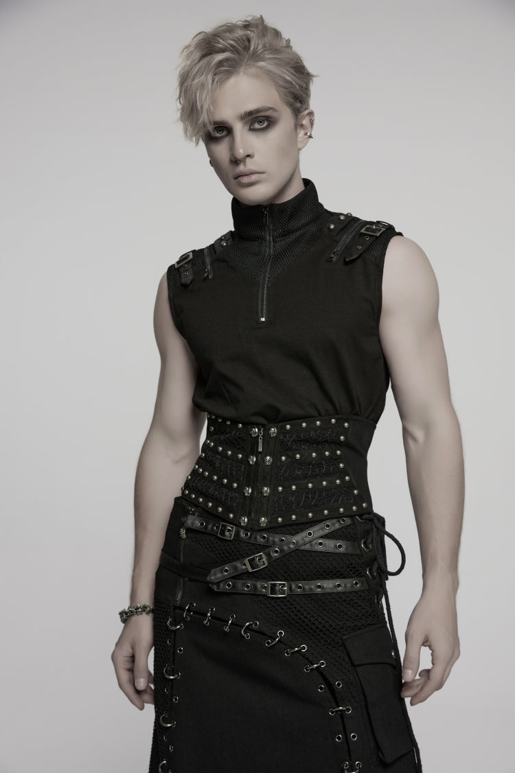 Black Lace-Up Slim Ripped Studded Zippered Women's Punk Corset - Black - 1