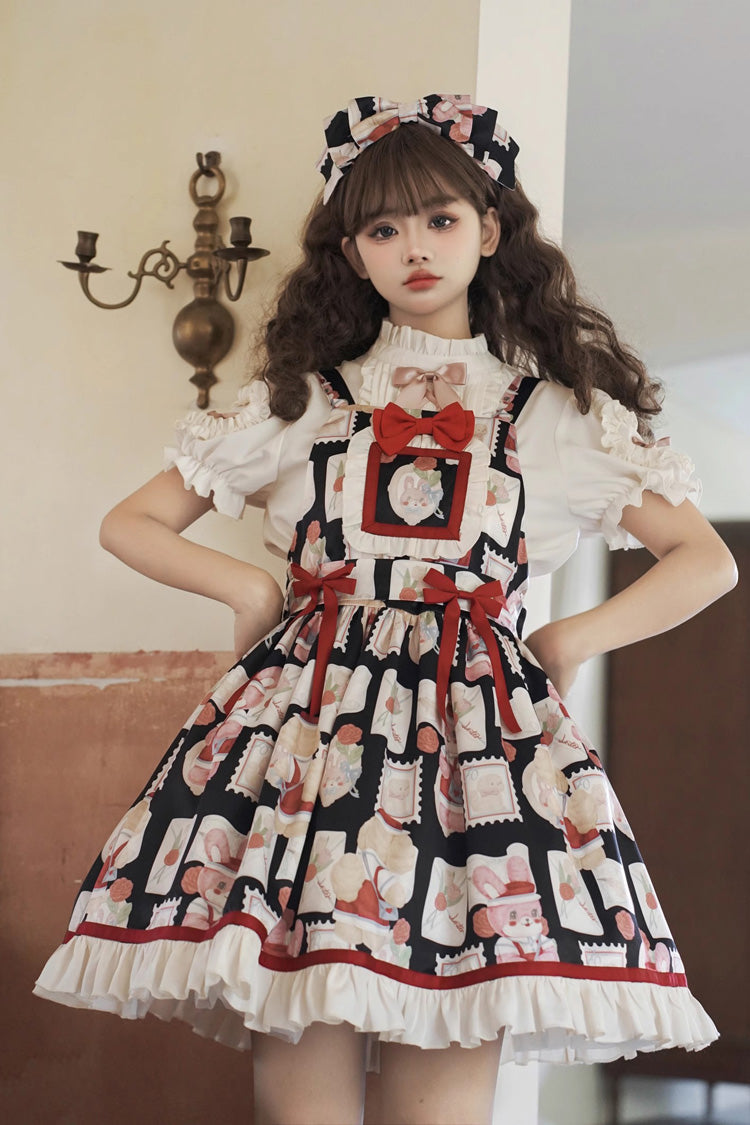 Black [Letter from Showa] Rabbit and letter Print Ruffle Bowknot Sweet Princess Lolita Strap Dress - Black - 1