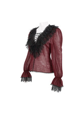 Red Thin Waist Plaid Stitching Layered Lace Long Sleeves Women's Gothic Shirt - Product - 7