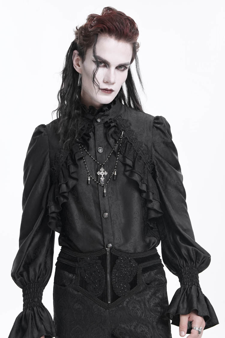 Black Stand Collar Long Sleeves Ruffle Lace Cross Men's Gothic Blouse - Product - 3
