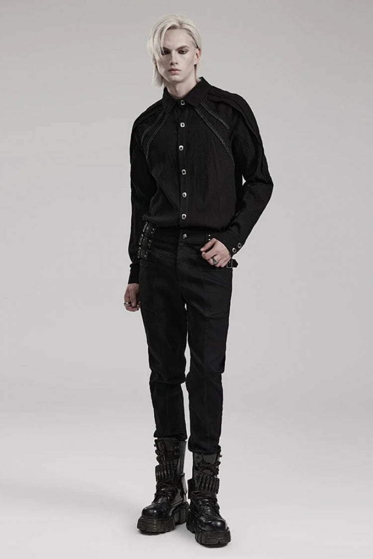 Black Lapel Collar Long Sleeves Metal Buttons Webbing Decoration Mens Gothic Blouse - Product - 4