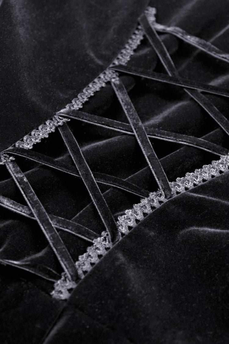 Black/White Frilly Collar Skull Bow Tie Long Puff Sleeves Lace Lace-Up Women's Gothic Vintage Velvet Jacket - Product - 17