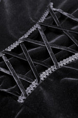 Black/White Frilly Collar Skull Bow Tie Long Puff Sleeves Lace Lace-Up Women's Gothic Vintage Velvet Jacket - Product - 17