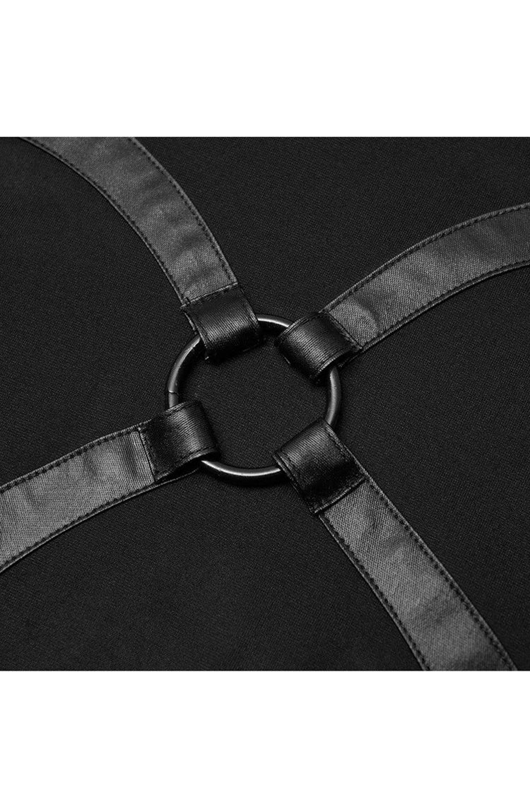Black High Collar Long Sleeve Front Metal Ring Woven Tape Decoration Irregular Hem Women's Punk T-Shirt - Product - 7