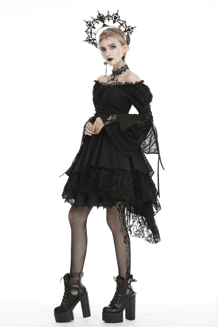 Black Off Shoulder Long Trumpet Puff Sleeves Lace-Up Strappy Mesh Women's Gothic Cocktail Dress - Product - 9