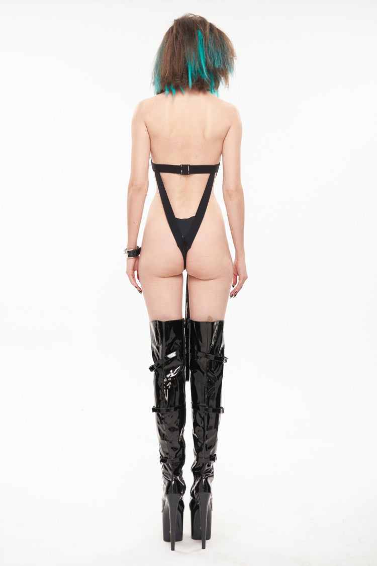 Black Sexy Leather Neck Ring Metal Rivets Fishnet Women's Punk Underwear - Product - 4