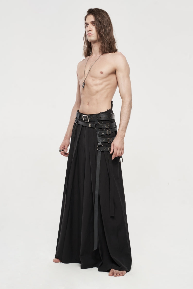 Black Asymmetric Buckled Men's  Japanese Punk Warrior Pantskirts With Harness - Product - 3