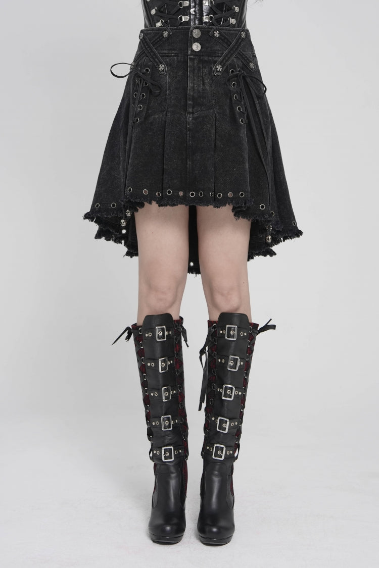 Black Lace-Up Pleated Eyelet Women's Punk Skirt - Product - 1