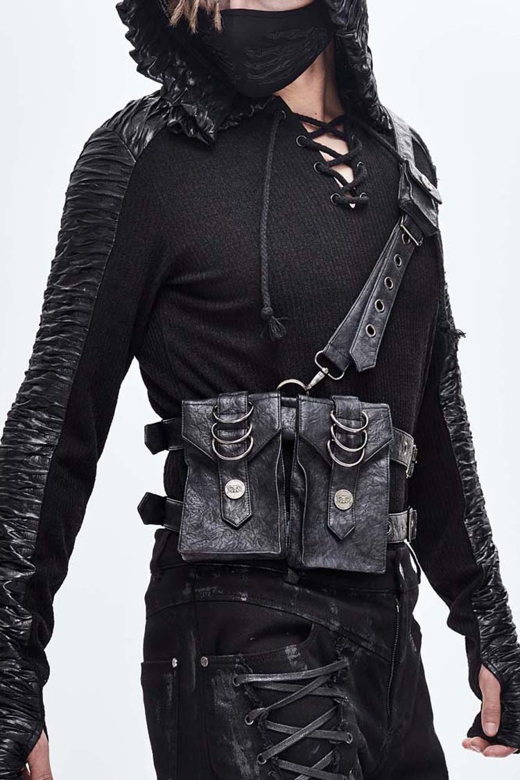 Black Leather Large Capacity Adjustable Fog Flower Men's Gothic Waist Bag - Black - 1