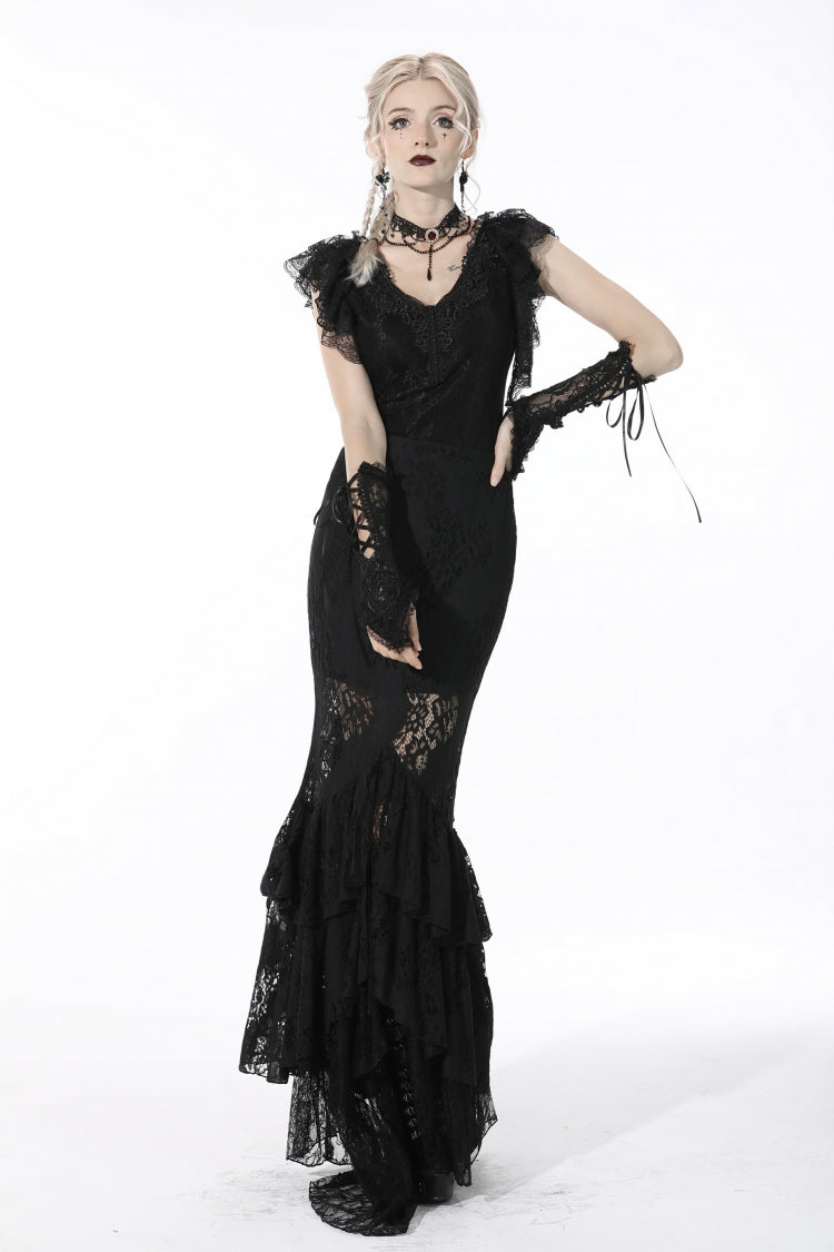 Black Women's Gothic Multi-Layered Lace Lace-Up Mermaid Maxi Skirt - Product - 8