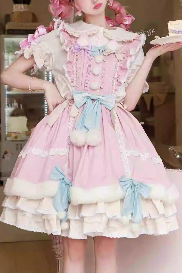 White/Pink Little Fox Multi-layer Ruffle Bowknot Long Sleeves Sweet Lolita Dress - White/Pink - 1