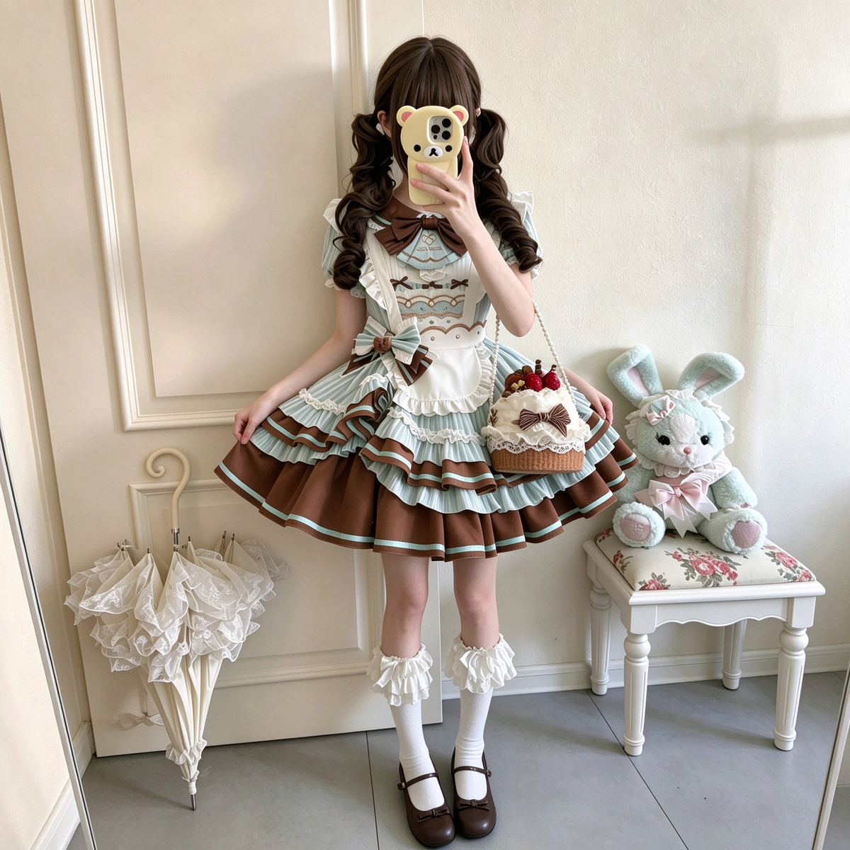 Blue and Brown Ruffled Striped Maid Lolita Dress Set with Apron Bow Accent - view 4