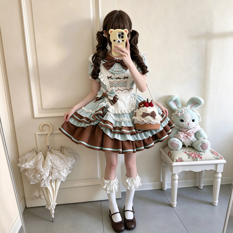 Blue and Brown Ruffled Striped Maid Lolita Dress Set with Apron Bow Accent - view 4