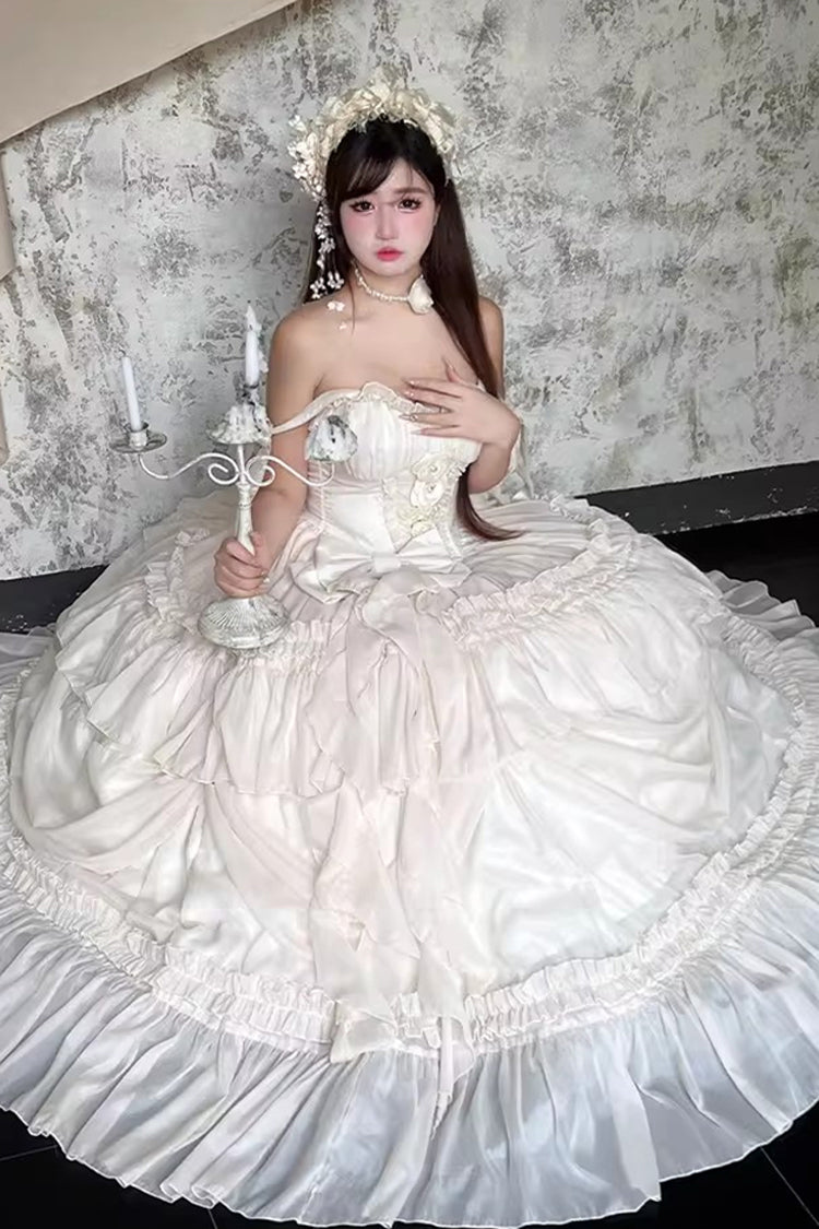 Apricot/Beige [Antique Bride] Sleeveless Multi-Layered Ruffled Bow Lace Sweet Elegant Gorgeous Full Skirt Lolita Jsk Dress - Product - 9